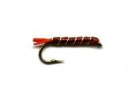 A close up of a red fly on a hook on a white background.