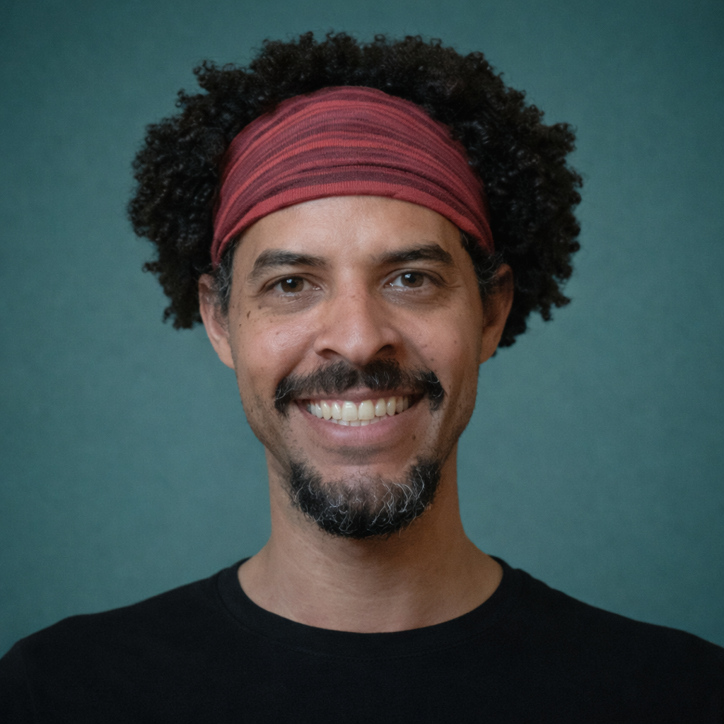 Pessoa sorridente com cabelo encaracolado e faixa vermelha na cabeça contra um fundo azul-petróleo.