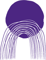 Círculo abstrato roxo com linhas brancas curvas que se estendem para baixo como fios em cascata.