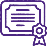 Ícone de certificado roxo com selo de fita e contorno de documento com linhas.