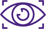 Ícone de olho roxo com colchetes nos cantos, simbolizando privacidade, visibilidade ou foco da câmera.
