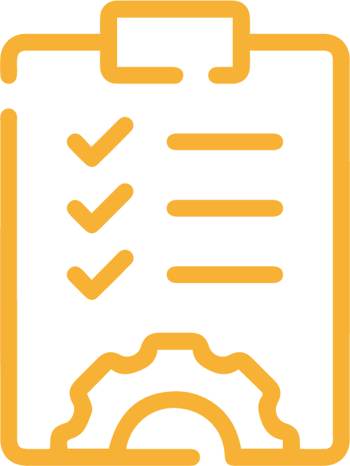 Lista de verificação amarela com marcas de seleção e uma engrenagem, provavelmente indicando tarefas ou configurações concluídas.