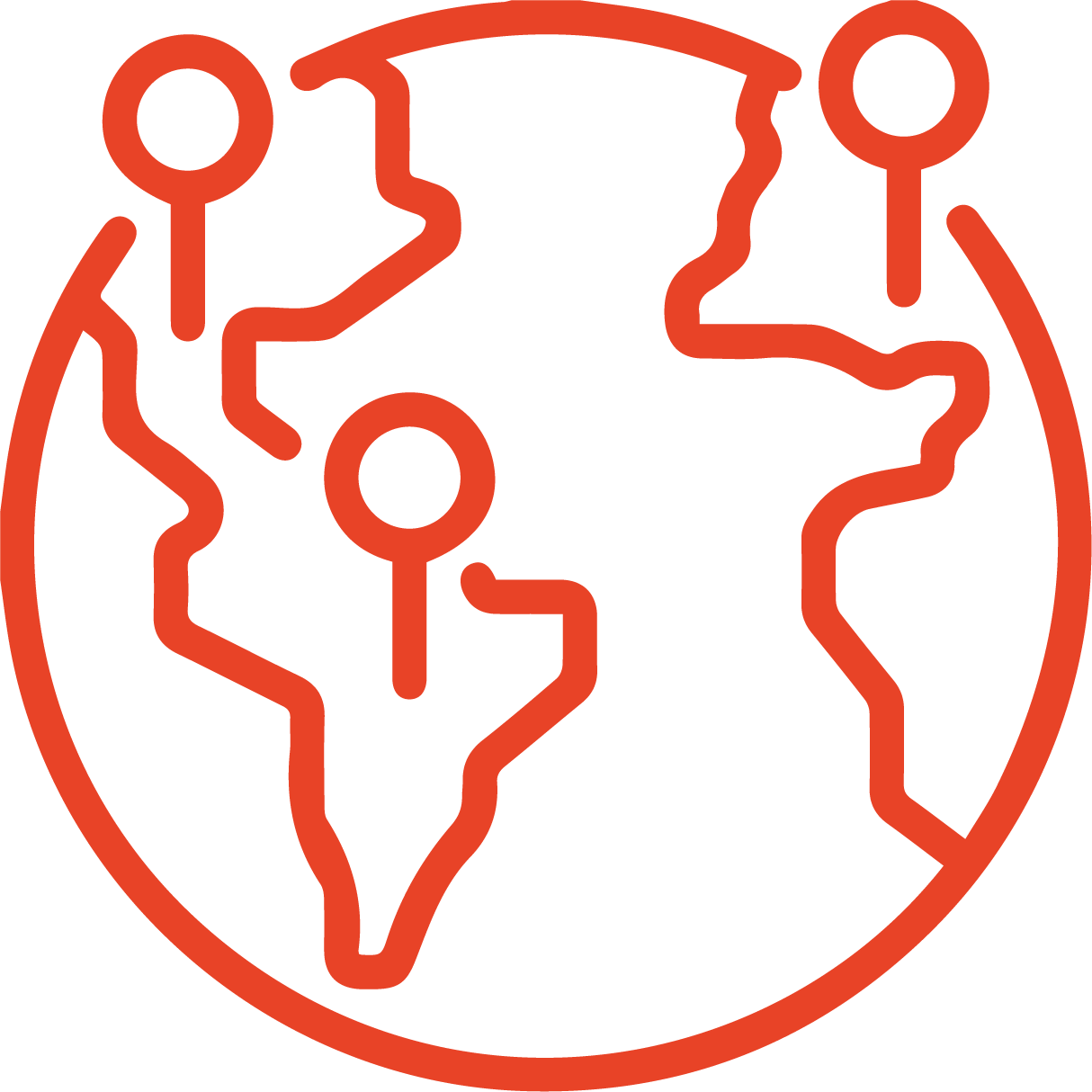 Contorno laranja de um globo terrestre com marcadores de localização, representando a conectividade global.
