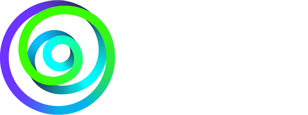 Logotipo abstrato em espiral multicolorida em azul, verde e ciano sobre fundo branco.