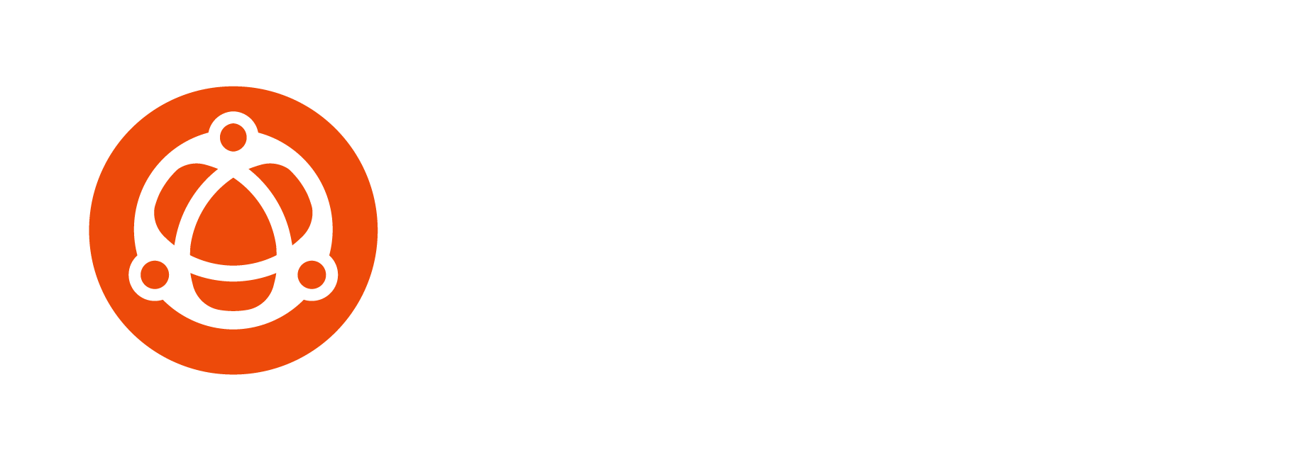 Logotipo circular laranja com um símbolo abstrato branco semelhante a um átomo no centro.