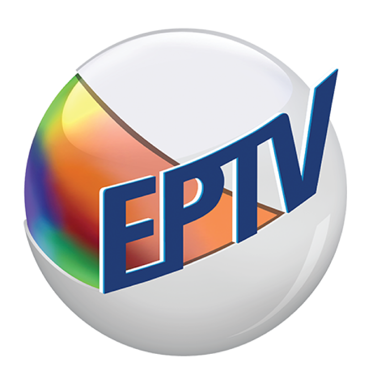 Logotipo da EP TV em uma esfera branca com um gradiente colorido. As letras EP TV são azuis.