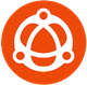 Logotipo branco com nós interligados sobre um fundo circular laranja.