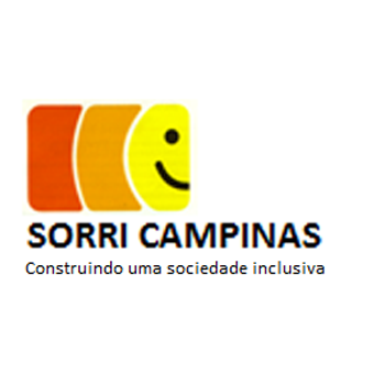 Logotipo: Três retângulos lado a lado nas cores vermelha, laranja e amarela, com um sorriso preto no retângulo amarelo. Texto: SORRI CAMPINAS.
