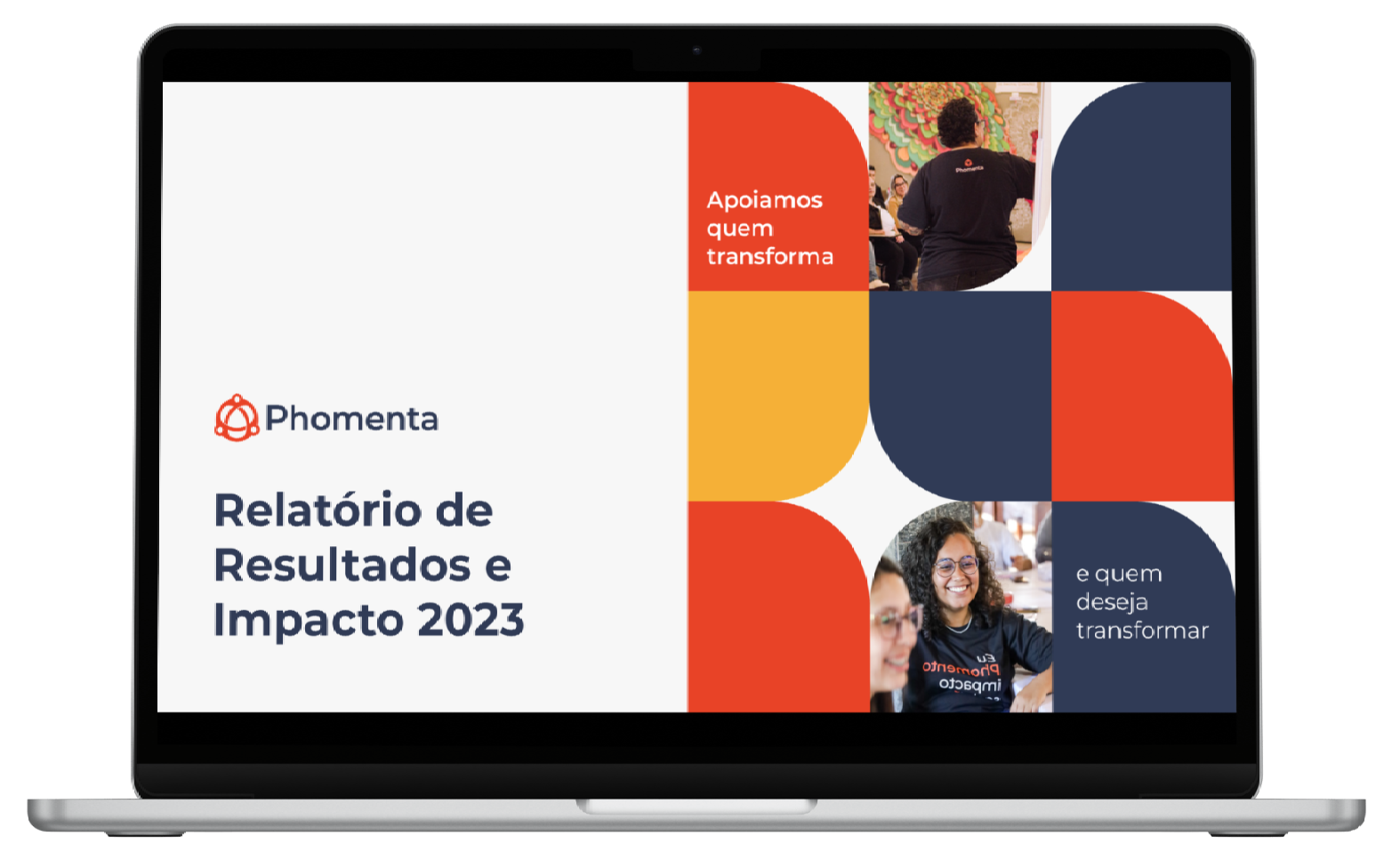 Laptop displaying a Portuguese report cover with colorful geometric panels and the title “Relatório de Resultados e Impacto 2023”.