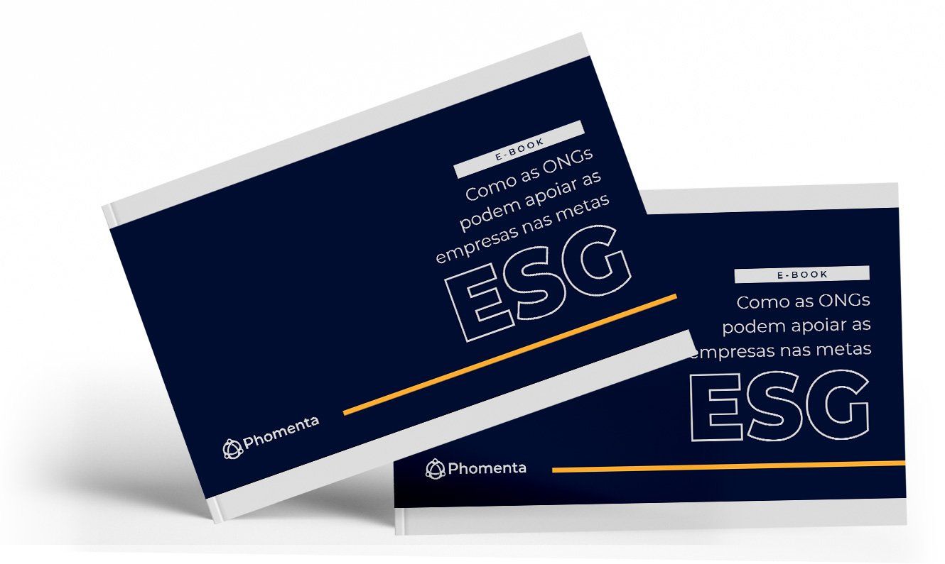 Capas de relatórios ESG azuis com texto branco e detalhes em dourado sobre fundo claro.