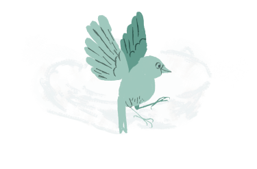Ilustração de um pássaro verde-menta com as asas abertas, em um fundo claro e nublado.