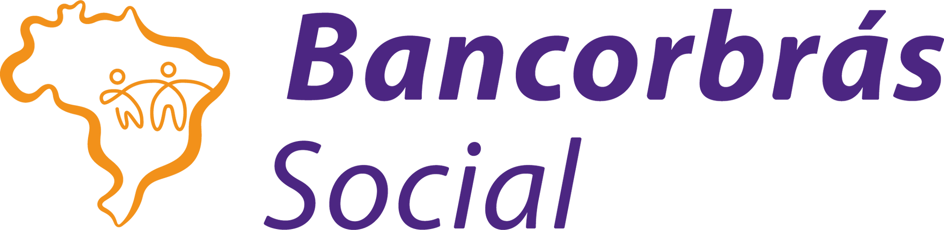 Logotipo do Bancobrás Social com contorno laranja do Brasil e texto roxo.