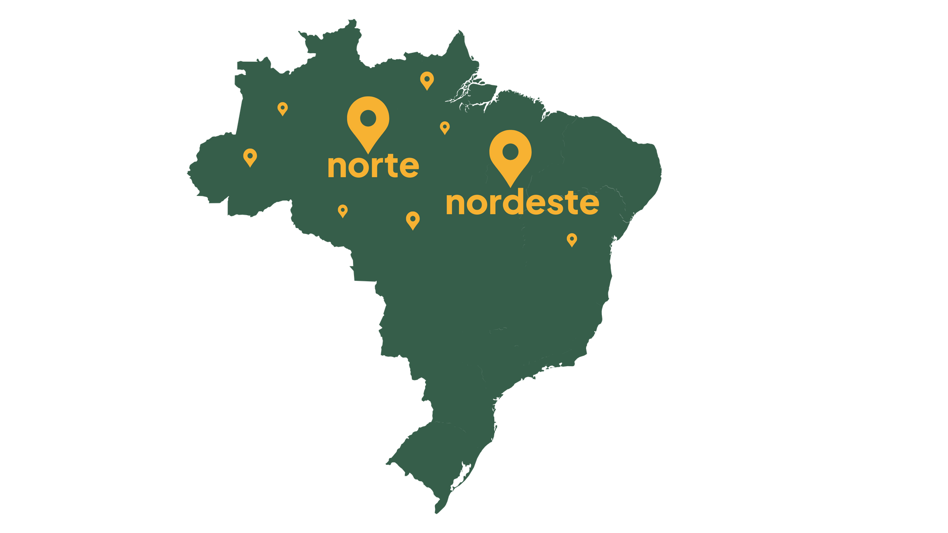 Mapa do Brasil em verde com marcadores amarelos e textos “norte” e “nordeste”