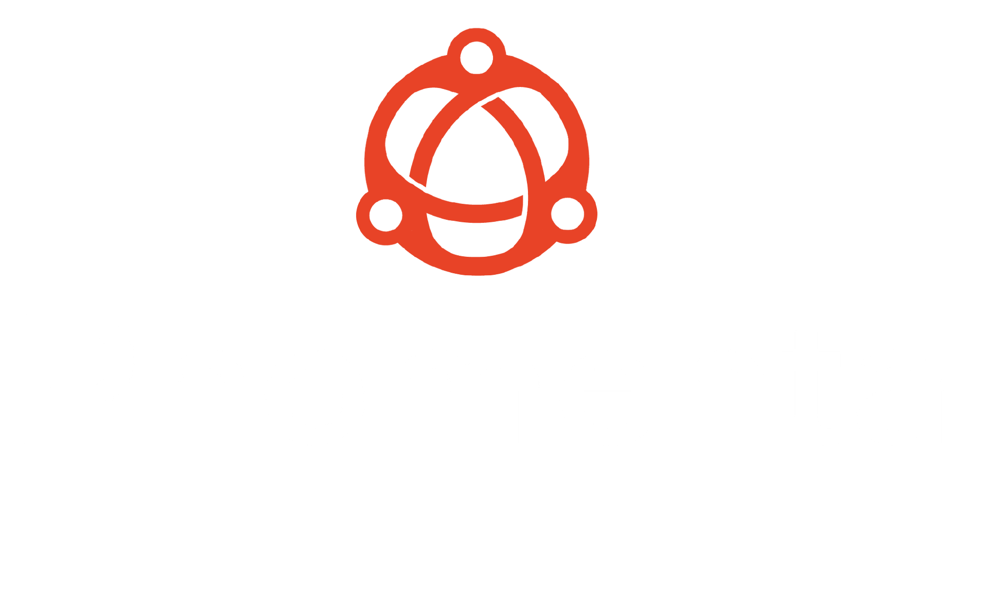 Logotipo circular abstrato vermelho com três pequenos pontos sobre fundo branco.