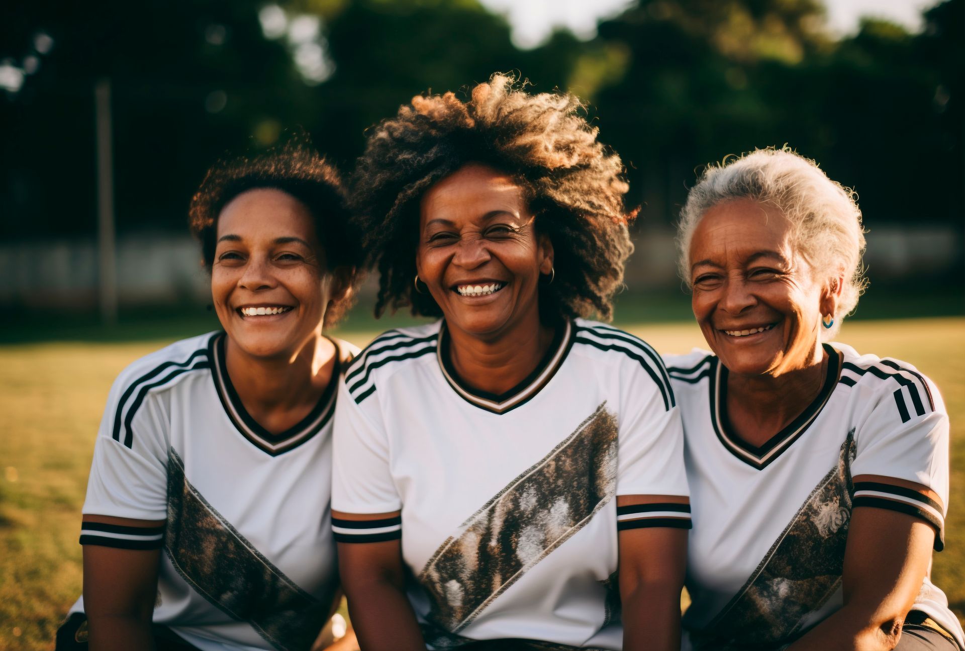 Três colegas de equipe sorridentes, vestindo camisas brancas, sentados ao ar livre em um campo.