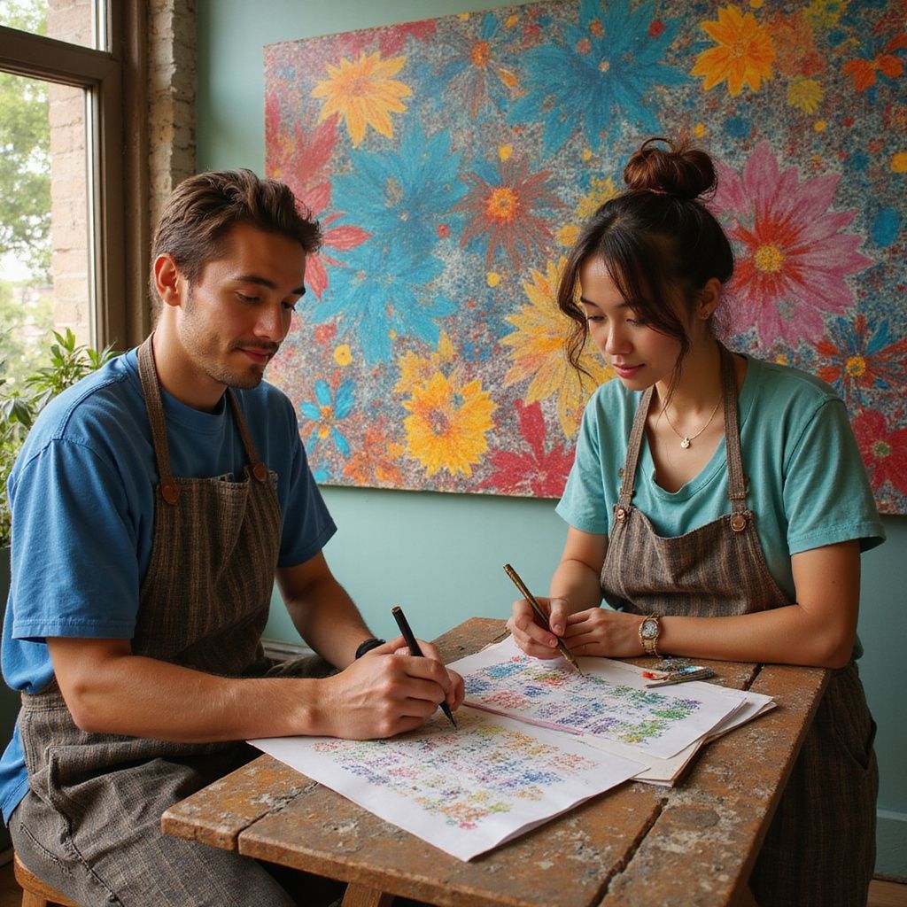 Duas pessoas desenhando esboços sobre uma mesa diante de um quadro colorido