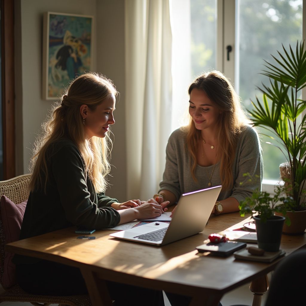 Duas mulheres conversando em uma mesa com notebook, em ambiente com plantas e luz natural