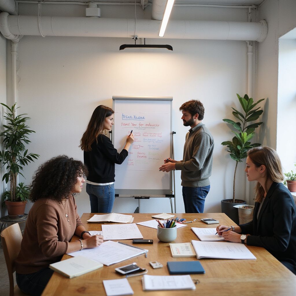 Pessoas em um workshop com quadro branco e papéis espalhados pela mesa