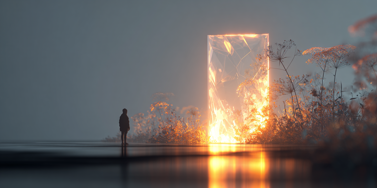 Figura diante de um portal de luz dourada ao entardecer