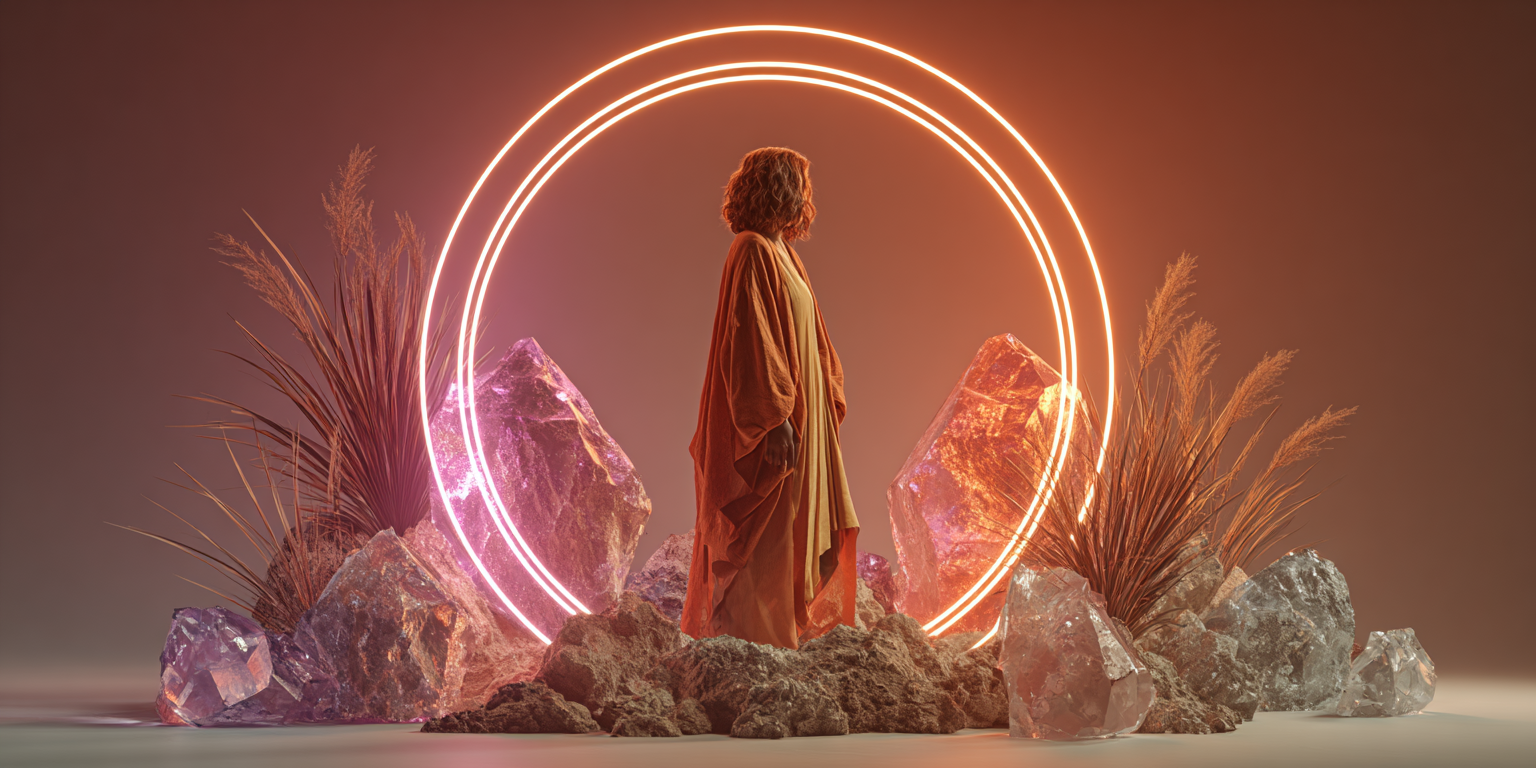 Figura em manto laranja diante de um anel de luz neon cercado por cristais