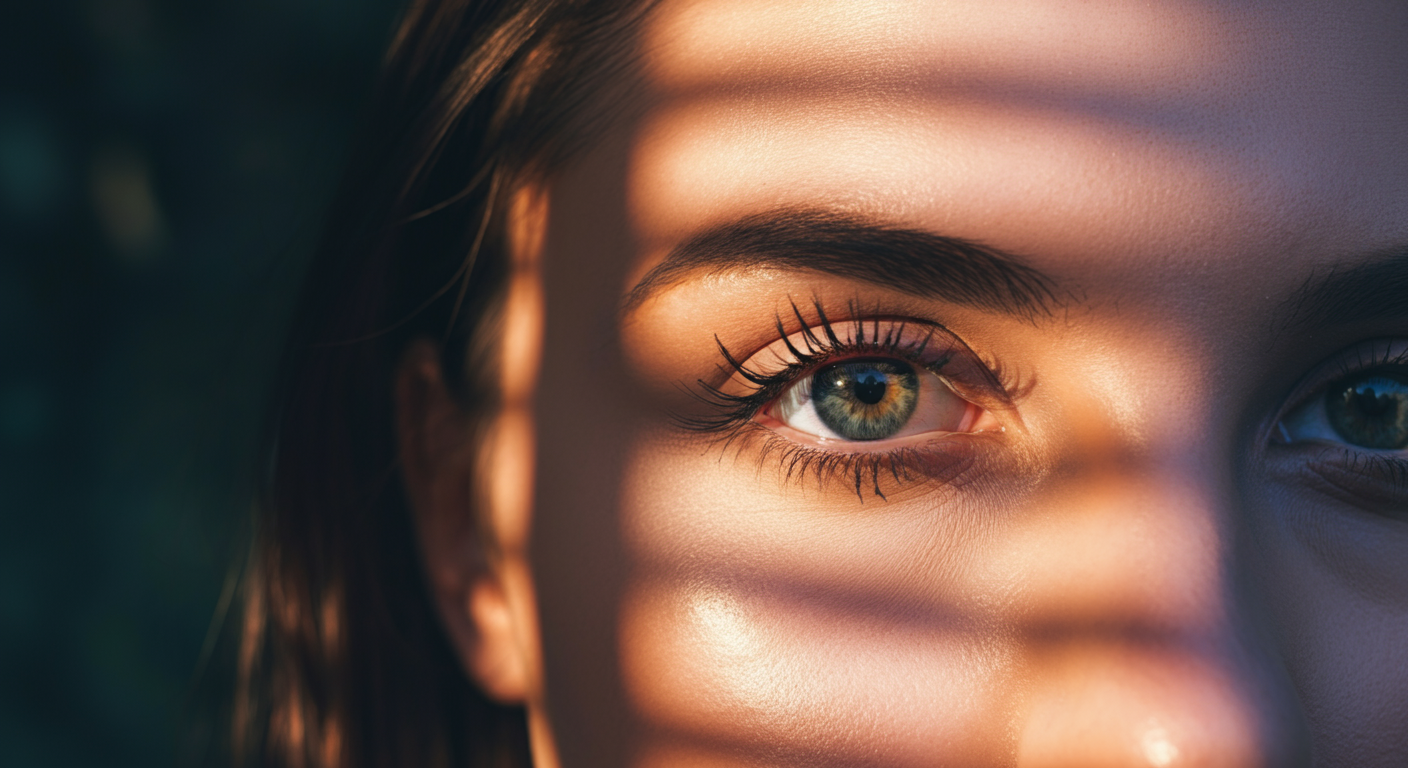 Close de um olho iluminado por faixas de luz quente