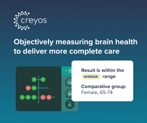 Graphic showing brain health assessment. Results within average range for female, 65-74. Includes a Creos logo.