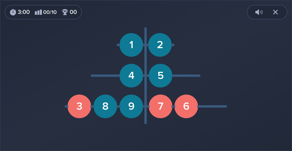 Arrangement of numbered circles, some teal and some red, in a tic-tac-toe-like formation.