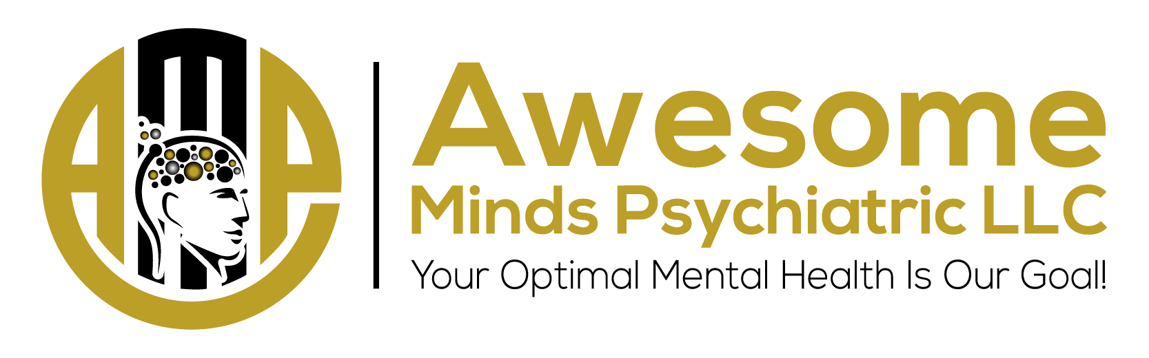 Logo for Awesome Minds Psychiatric LLC: a golden circle with the letters "A" inside, and a silhouette of a head with a brain.