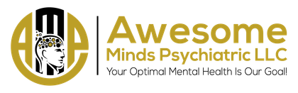 Logo for Awesome Minds Psychiatric LLC: a golden circle with the letters "A" inside, and a silhouette of a head with a brain.