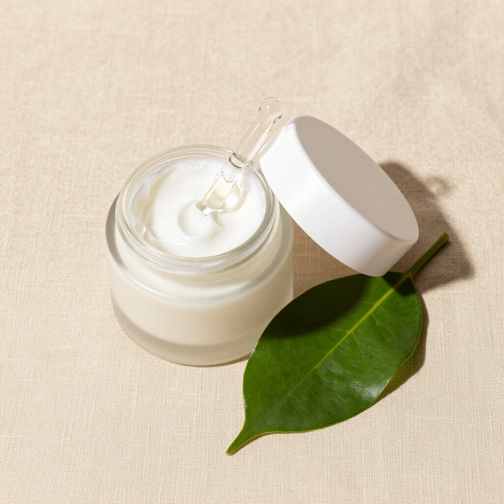 Cosmetici biologici su lino con foglia verde