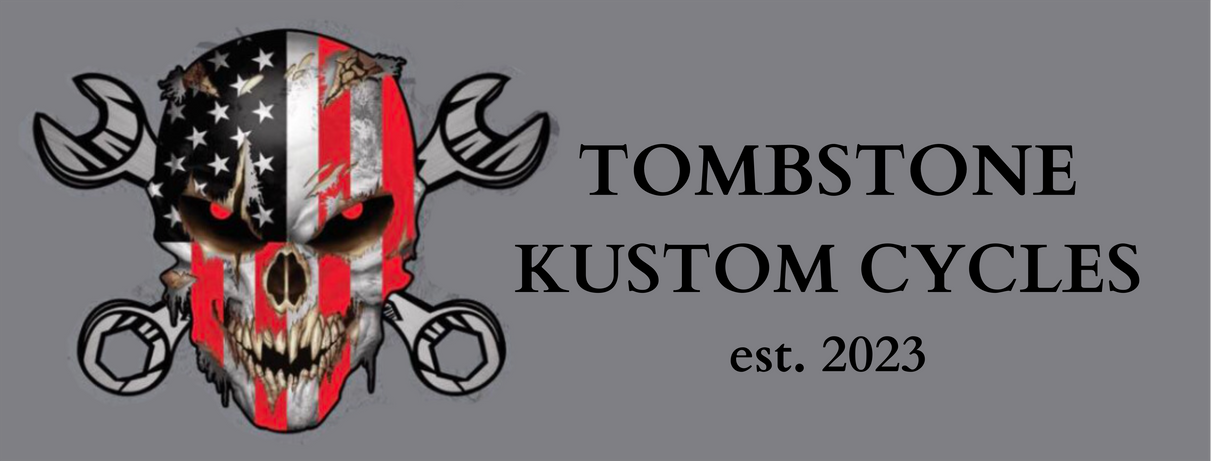 A logo for tombstone kustom cycles with a skull and crossbones