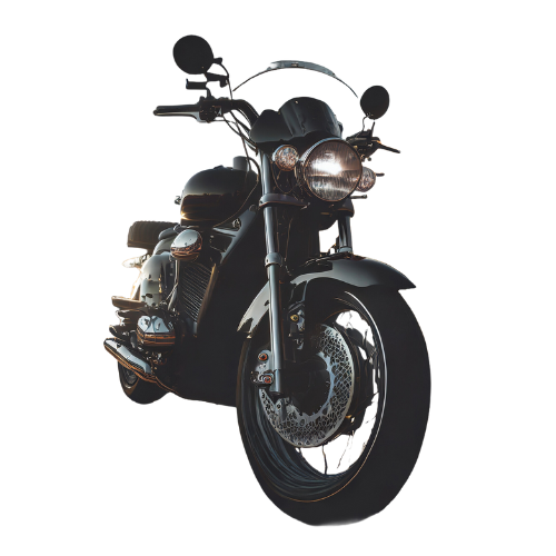 A black motorcycle is sitting on a white background.