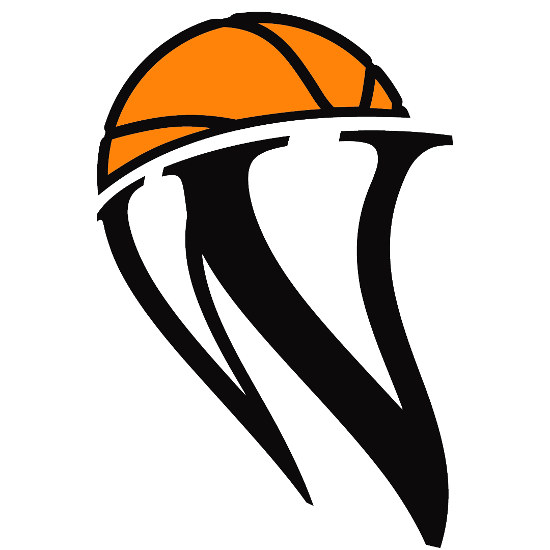 Stylized orange basketball with black-and-white swoosh design