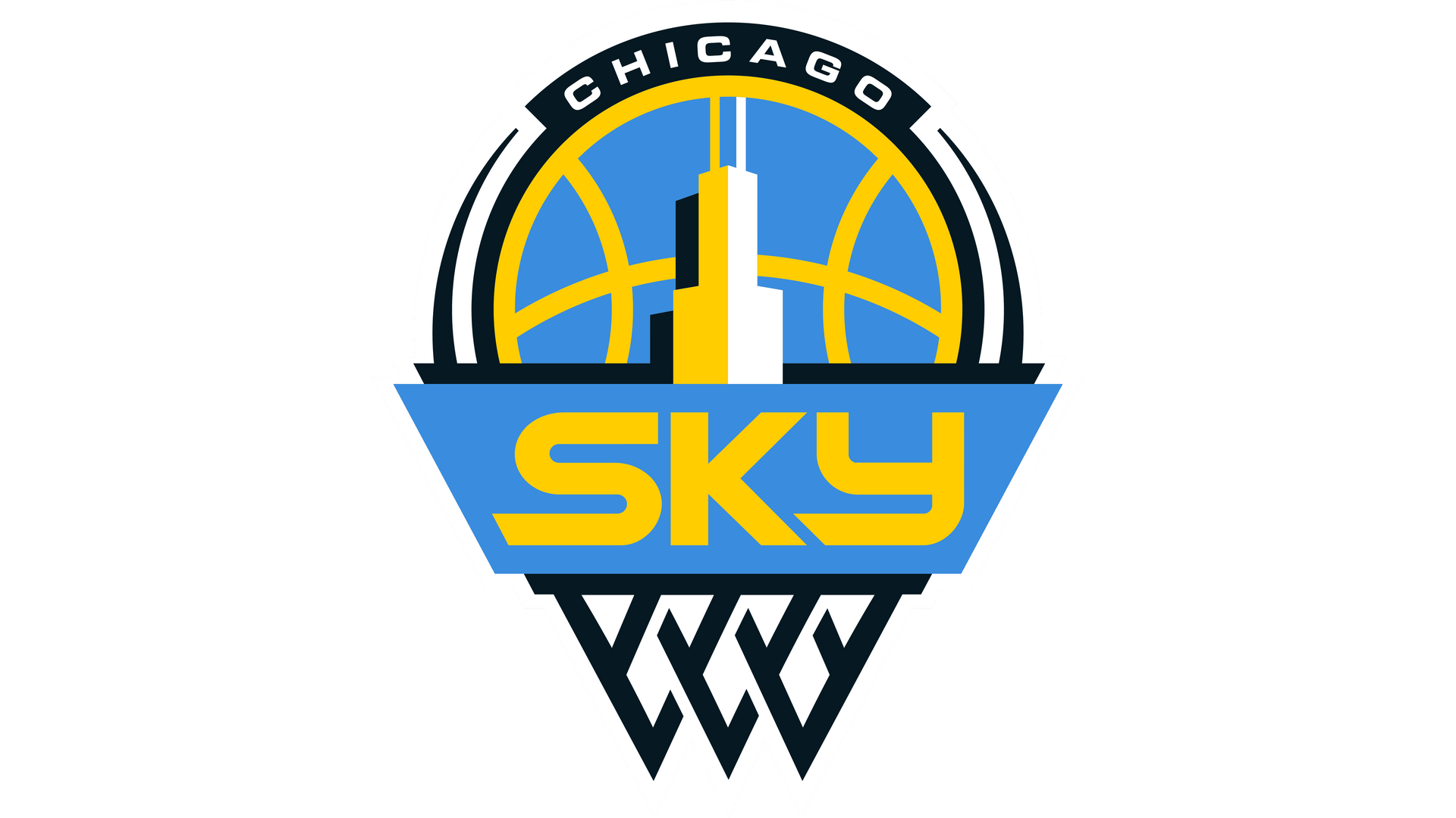 Chicago Sky logo in blue, yellow, white, and black with a basketball and stylized text.