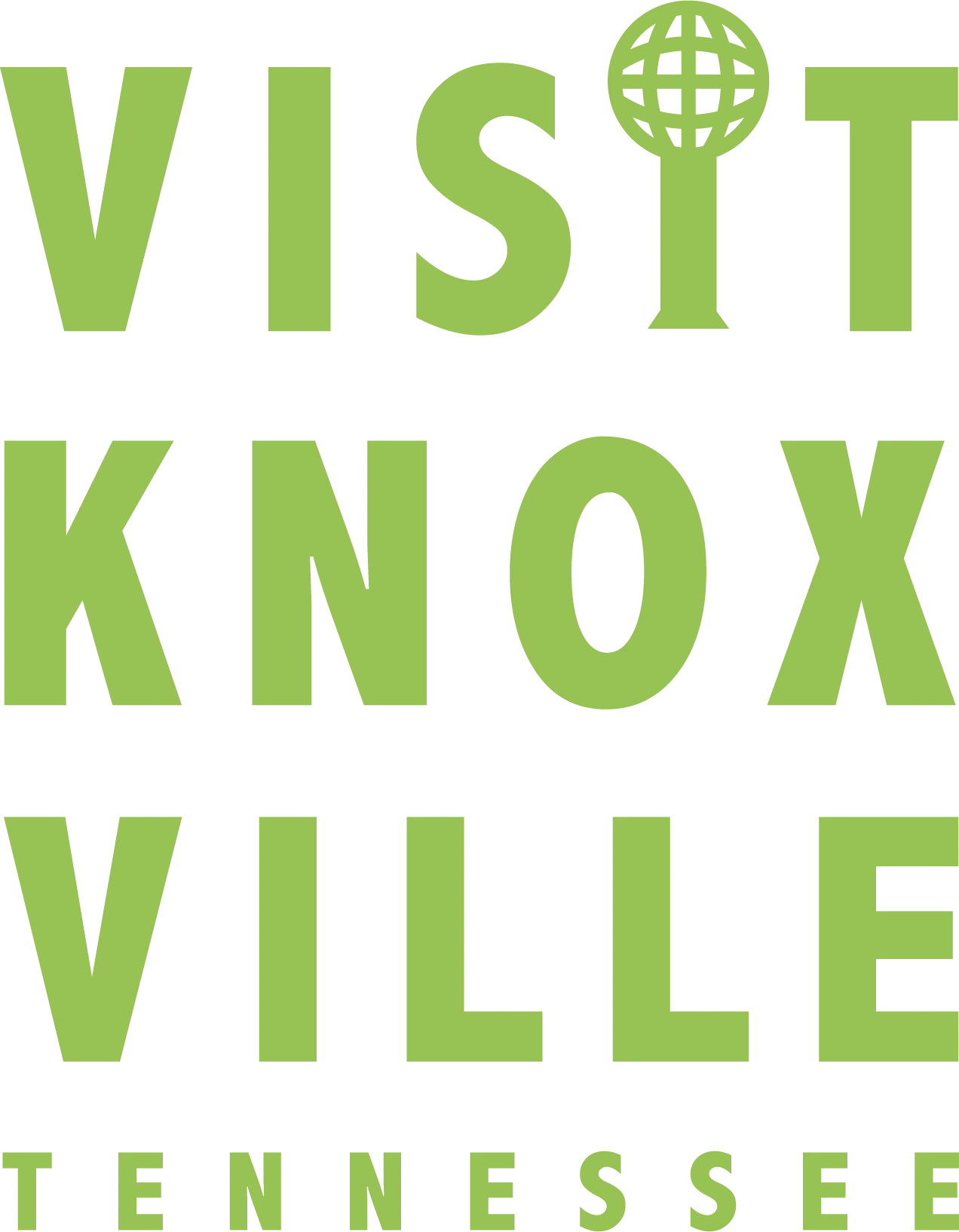 Visit Knoxville Tennessee logo in light green with a globe in the “I” of Knoxville