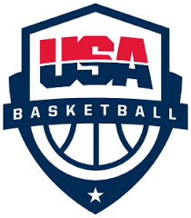 USA Basketball shield logo in red, white, and blue with a basketball and star