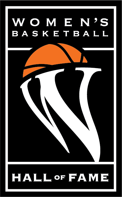 Women's Basketball Hall of Fame logo with white text, orange basketball, and stylized white W on black background