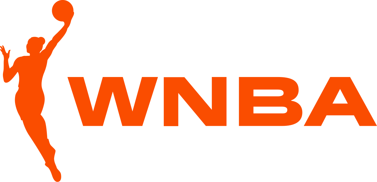 Orange WNBA logo with a basketball player silhouette and bold “WNBA” text