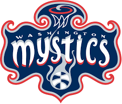 Washington Mystics logo in blue, red, and white with stylized lettering