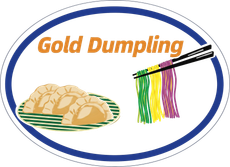 Gold Dumpling logo with dumpling plate and chopsticks holding colorful noodles