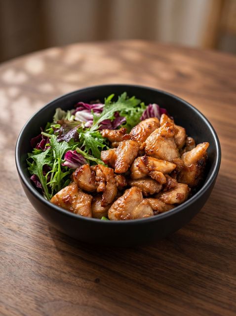 Black bowl of glazed chicken with mixed greens on a wooden table