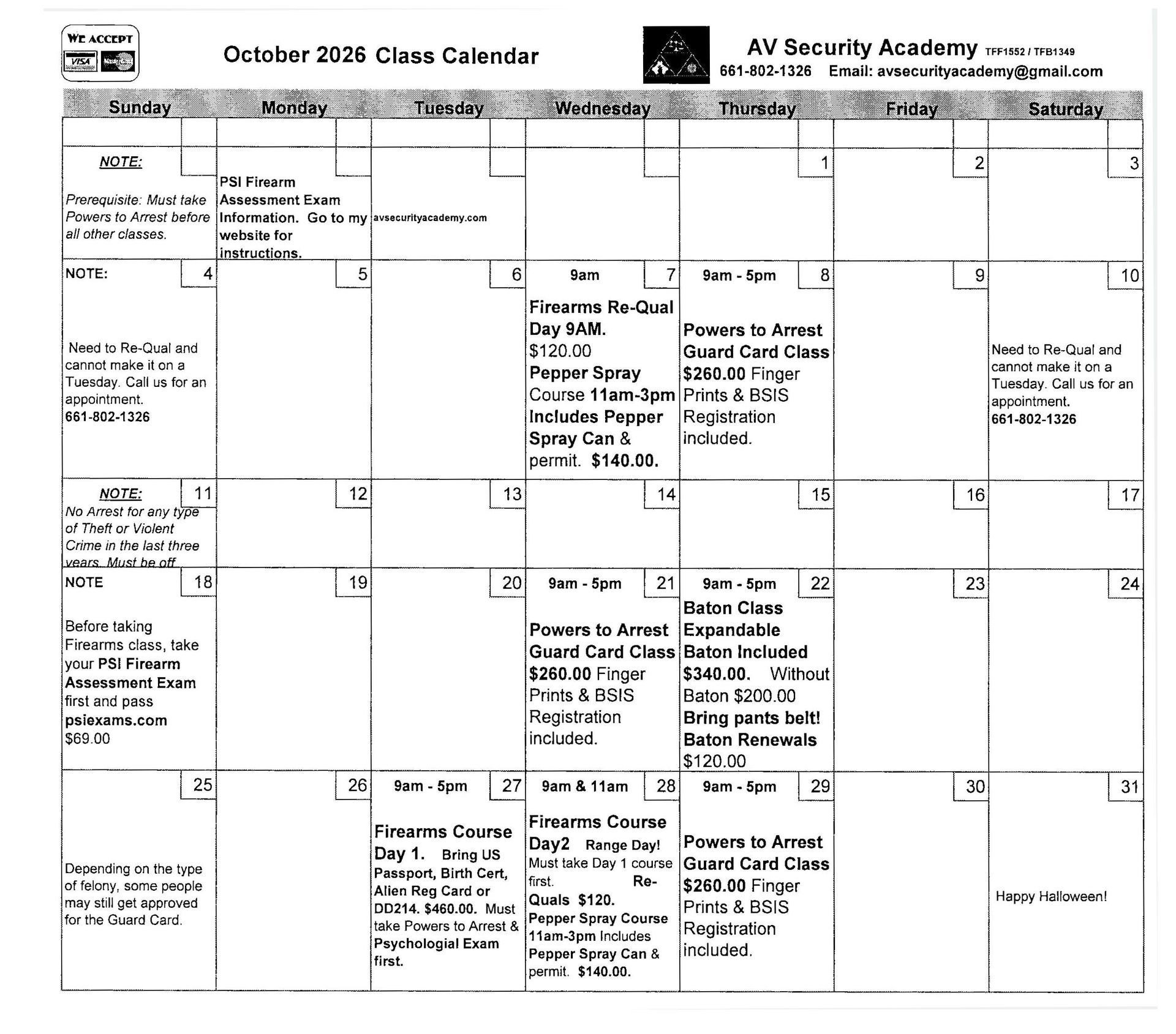 Class calendar grid for October 2026 