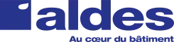 Logo bleu et blanc d’« Aldes » avec le slogan « Au cœur du bâtiment »