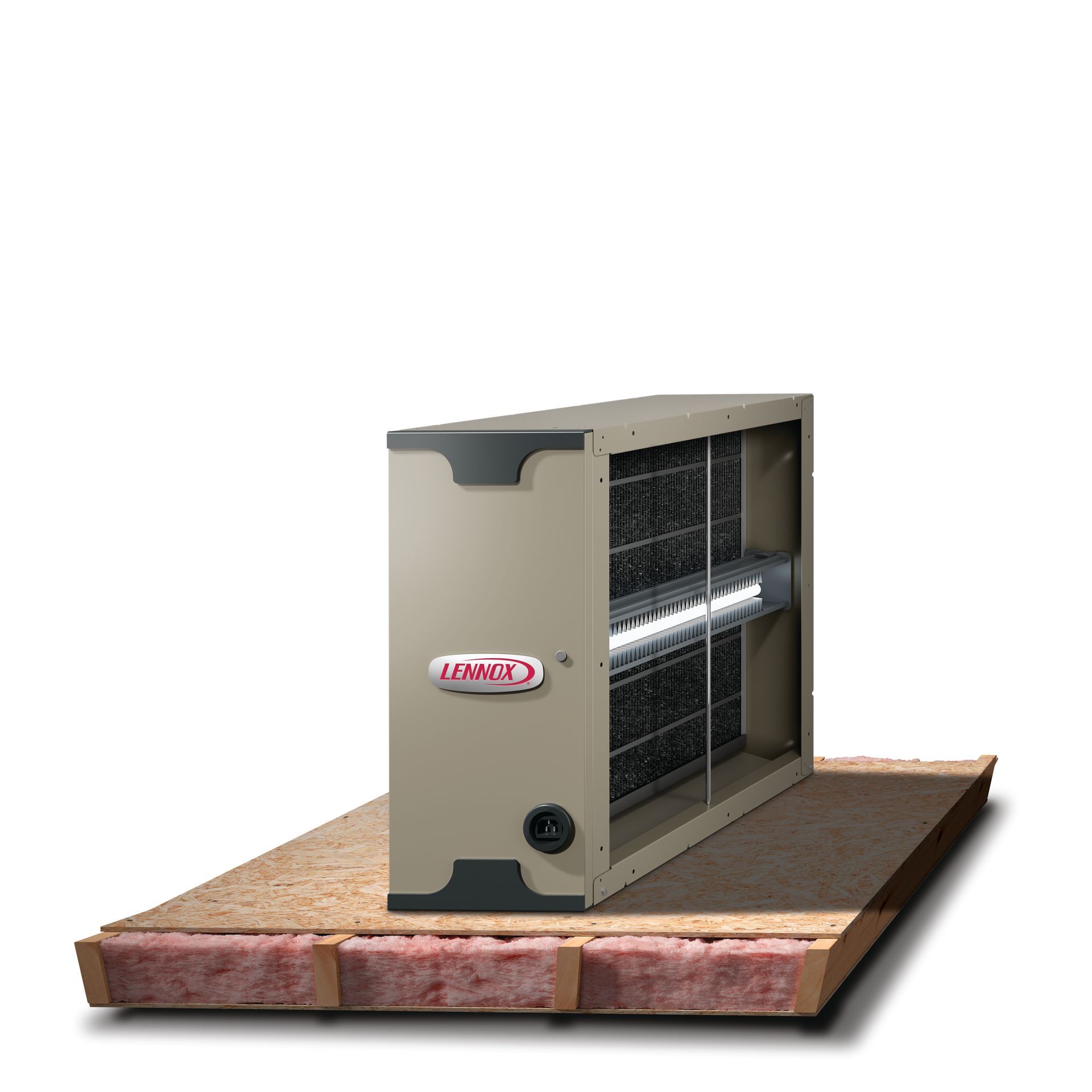 Beige Lennox HVAC unit on a wooden platform, shown in side view against a white background