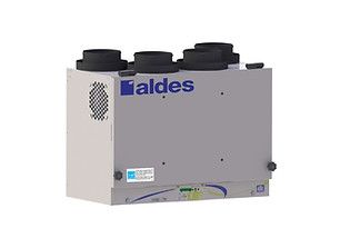 Grey Aldes industrial ventilation unit with black top vents on a white background