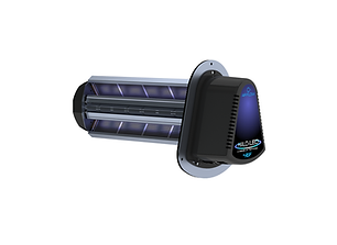 Black wall-mounted UV insect zapper with glowing blue lights and metal grid tubes