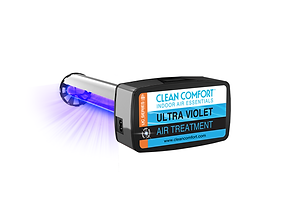 Ultra Violet air treatment device with blue-purple glow, labeled Clean Comfort, by Comfort Zone