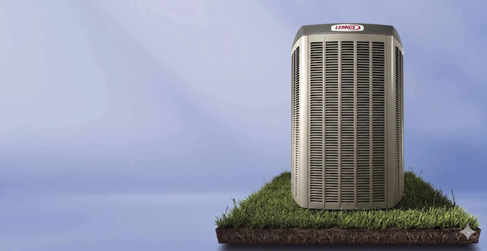 Outdoor air-conditioning unit on a grassy patch against a blue sky background