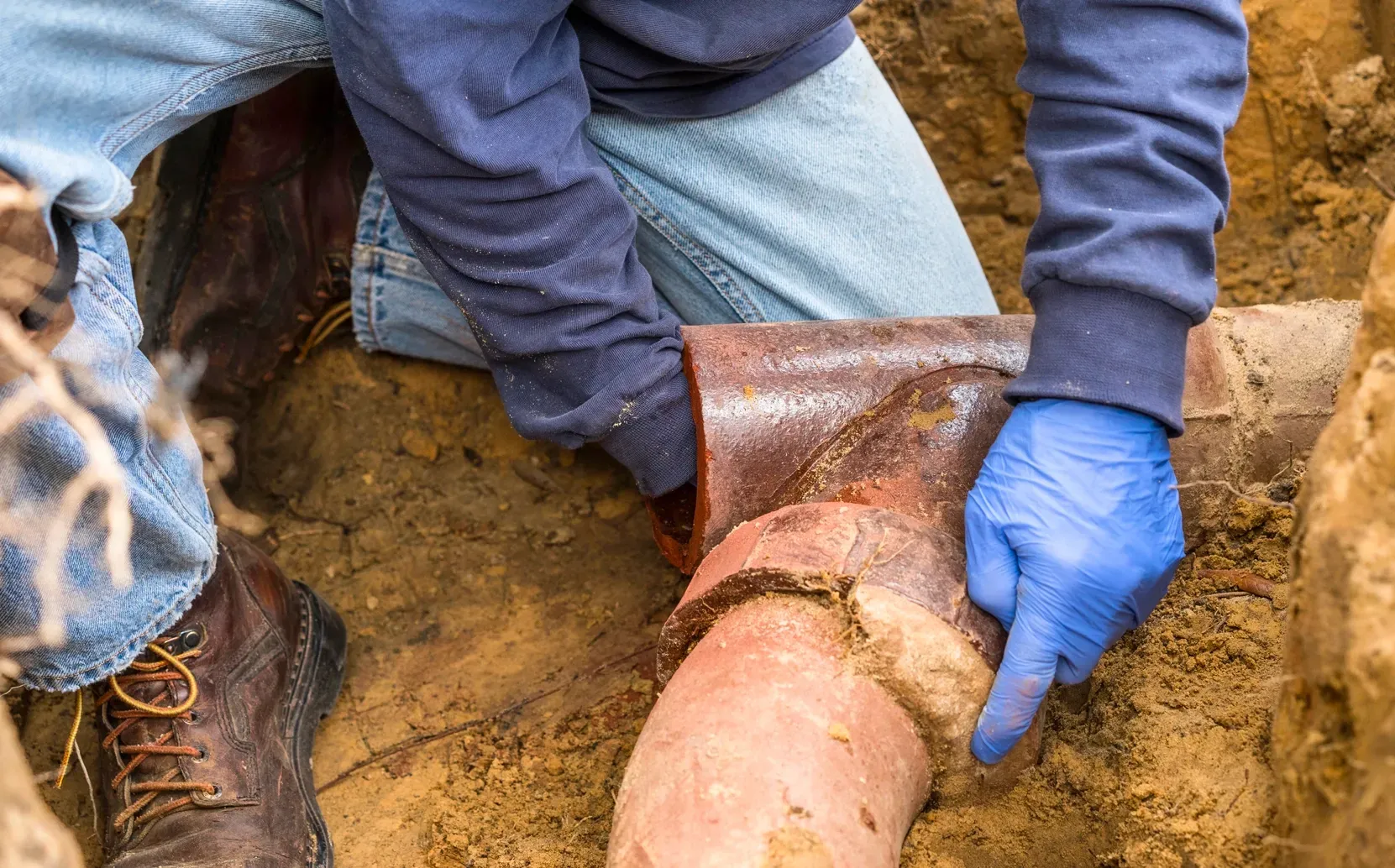 Plumber repairing an exposed underground sewer pipe during a residential sewer line service.