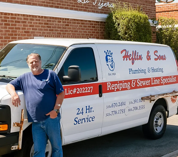 Heflin and Son Plumbing technician standing beside a company service van in Westchester, California.